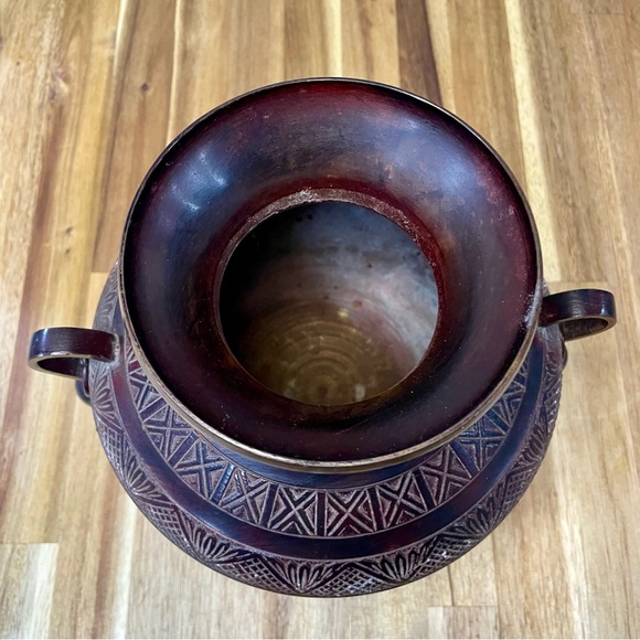 Heavy Brass/Metal Etched Vase or Pot Handles Dangling Weights 7” Tall India - Picture 4 of 10